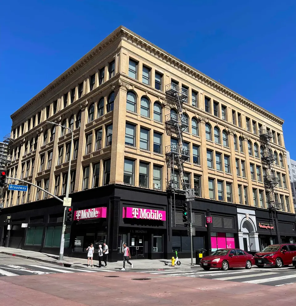 Historic brick mid-rise Pan American building on Broadway in Downtown Los Angeles